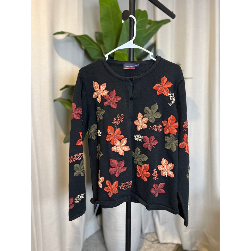 Denver Hayes Womens 2XL Black Embroidered Fall Leaf Button Cardigan Sweater